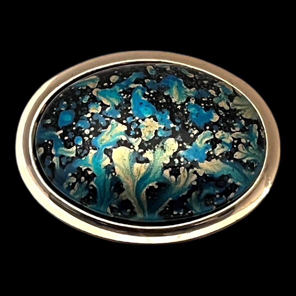 Vintage 1980s Scarf Clip Gold Tone Blue Black Abstract Cabochon - 13A